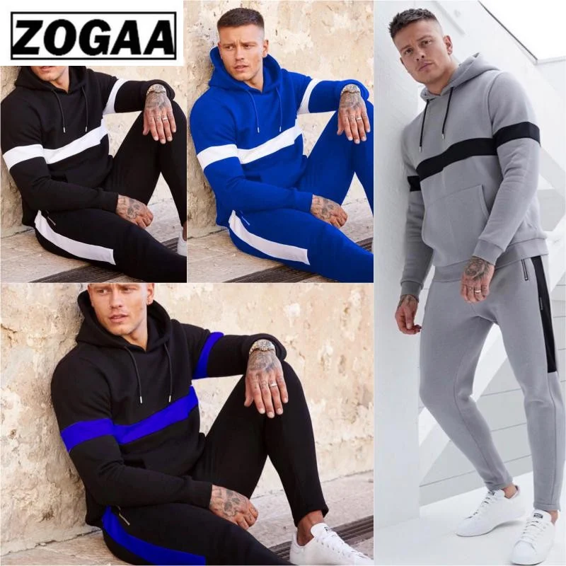 

ZOGGA Hooded Stitching Color Sports Wear for Men Gym 100% Polyester Anti-shrink/fade Men Sports Suits Breathable Trainning Sets