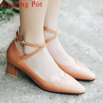 

New fashion Spring Autumn brand square toe thick med heels slip on metal buckle solid cow leather office lady dress pumps L87
