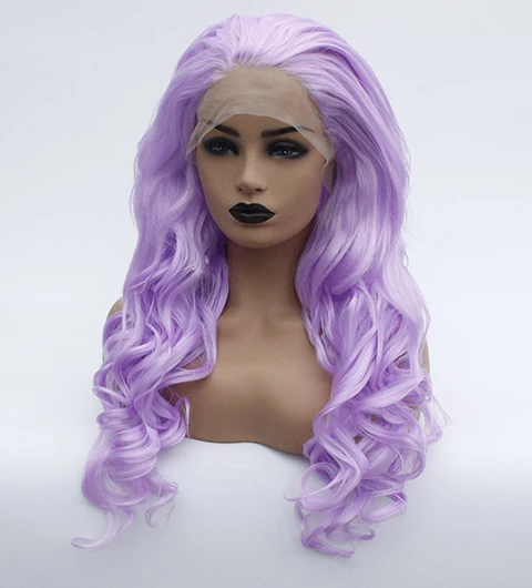 Violet Long Wavy Lace Front Wig Synthetic Hair Light Purple Glueless Body Wave Wigs for Women Lavender Heat Resistant Fiber -12