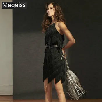 

MEQEISS 2018 New Arrival Chic Tassels Embellished Sexy Sleeveless O Neck Above Knee Celebrity Party Club Wear Bandage Dress