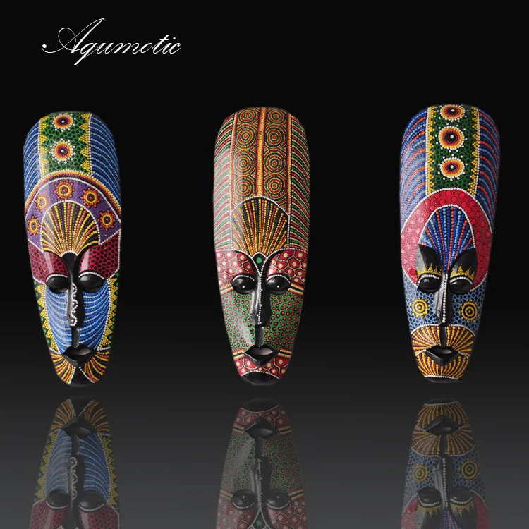 Aqumotic Thai Wooden Mask Wall Hanging Solid Wood Carving Painted Facebook Wall Decoration Bar Home Decorations African Totem