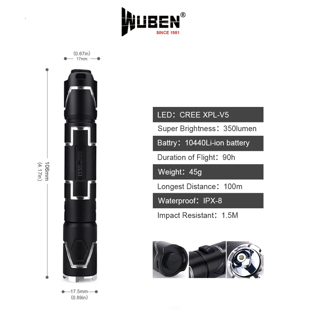 

WUBEN I330 Tactical LED Flashlight USB Rechargeable Light Cree XPL V5 Lamp Waterproof IP68 Torch Hard light + Battery+Gift box