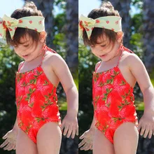 Купальный костюм с клубничным принтом для маленьких детей; цельный бандажный купальник-бикини для девочек; купальный костюм; пляжная одежда; AP2