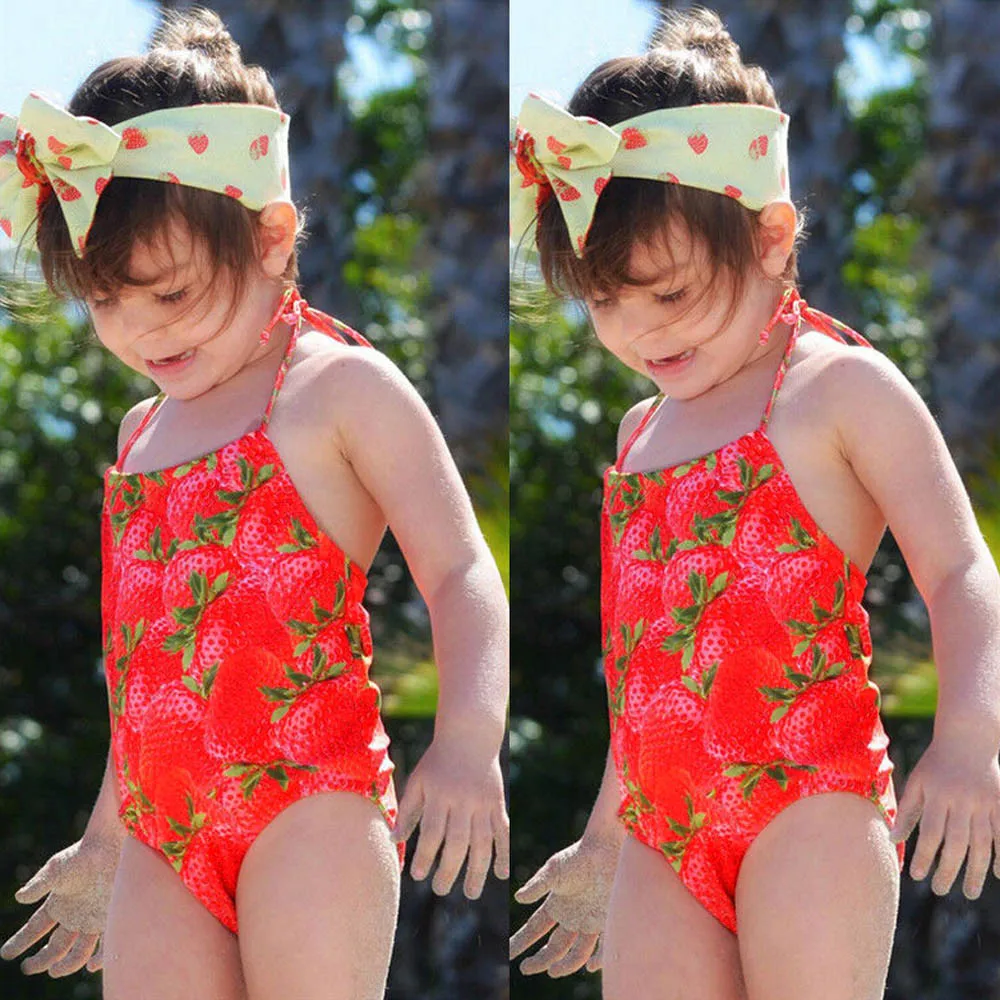 

Baby Children Kids Strawberry Print Swimsuit Girls One Piece Bandage Bikini Swimwear Bathing Suit Beachwear AP2