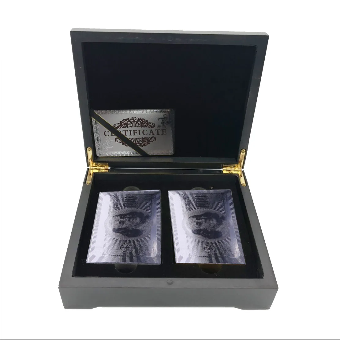 

Birthday Souvenir Gifts Usd 100 Dollar Silver Double Playing Card In Wooden Box Personalized Gifts