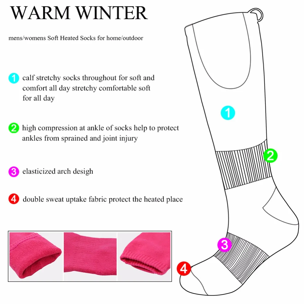 Носки с подогревом носки с электроподогревом с перезаряжаемой батареей 3,7 V литий-ионные аккумуляторы для хронично холодных ног(розовый