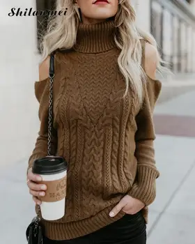

Off The Shoulder Women Sweaters And Pullovers Autumn Turtleneck Long Sleeve Pull Femme Solid Women Casual Knitting Sweaters Xl