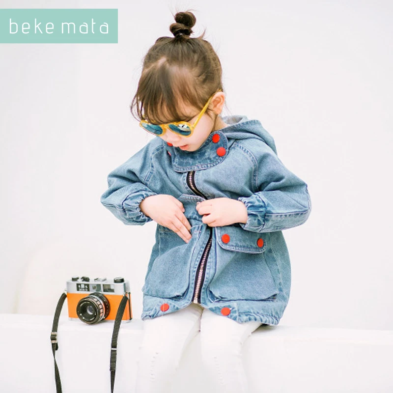 

BEKE MATA Denim Jackets For Girls Spring Autumn 2018 Solid Hooded Zipper Toddler Girl Windbreaker Kids Outerwear Children Coats