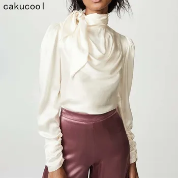 

Cakucool New Women Spring Satin Blouse Top Bow Tie Neck Slim Blusas Vintage Sweet Stylish Solid Apricot Blouses Shirt Female