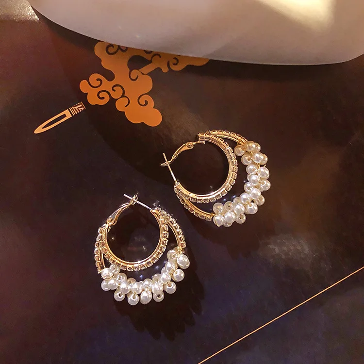 

Korean fashion jewelry geometric circle earrings literary temperament wrapped pearl ladies hoop earrings for women