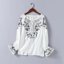 Spring Women Fashion Cotton Shirt Casual Autumn Floral Embroidery Lace-up O-neck Blouse Shirt Ladies Casual Boho Tops