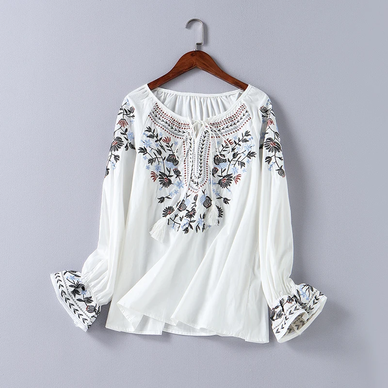  Spring Women Fashion Cotton Shirt Casual Autumn Floral Embroidery Lace-up O-neck Blouse Shirt Ladie