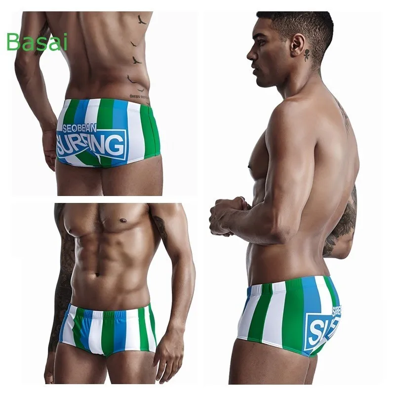 Sexy Stripes Men's Swimwear Bikini Swimming Trunks Men Swimsuit Seobean Gay Mens Swim Wear Beach Surf Bathing Suit Sport Shorts - Цвет: Green Stripes