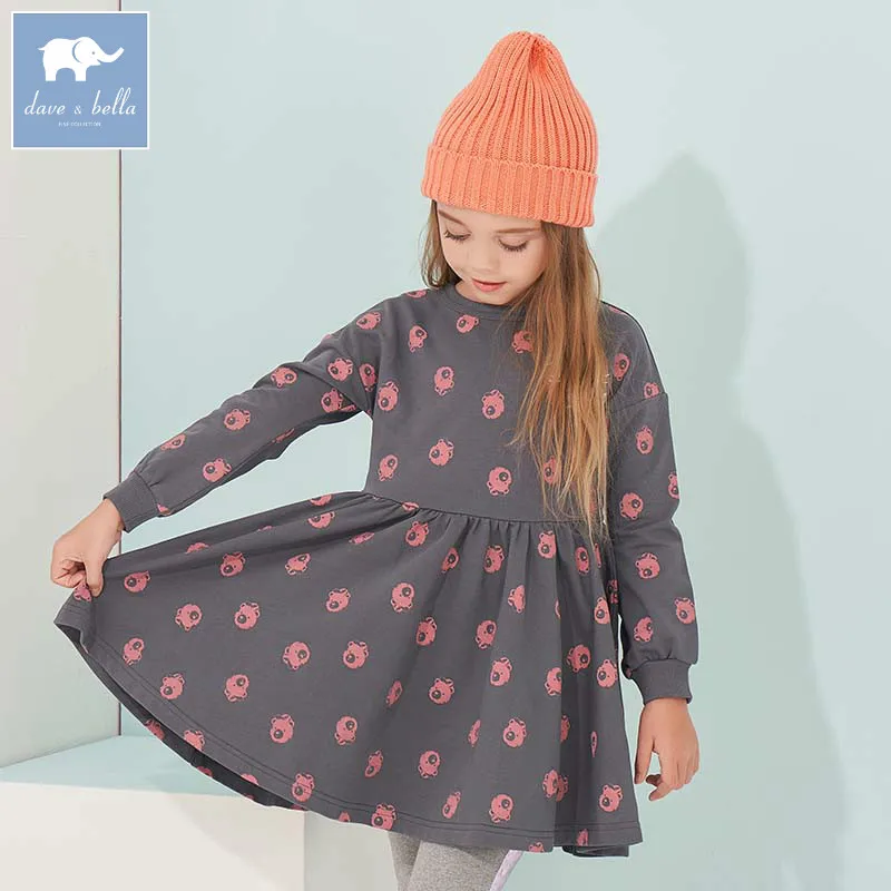 

DBK8119 dave bella kids 5Y-11Y dress children high quality bear print dresses baby long sleeve clothing kids brand clothes