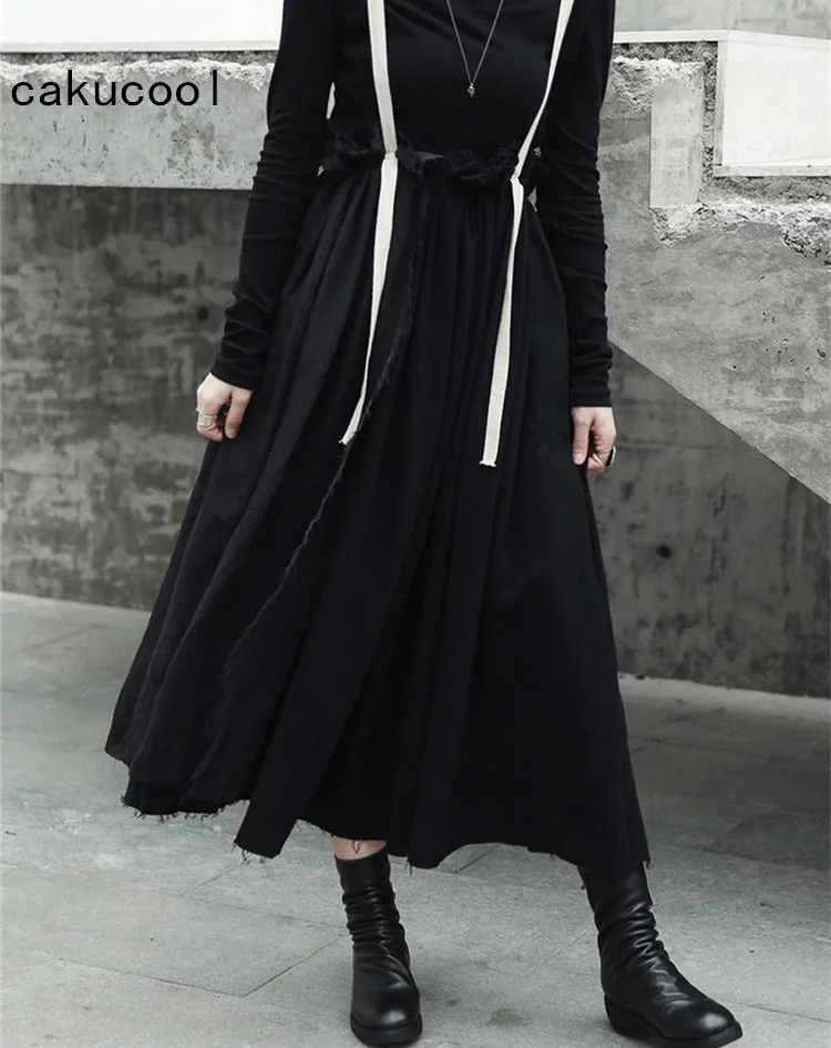 

Cakucool New Gothic Linen Skirt Women Overalls rough selvedge Pleated Skirts Black Punk Goth Darkness Mid Long Suspender Skirt