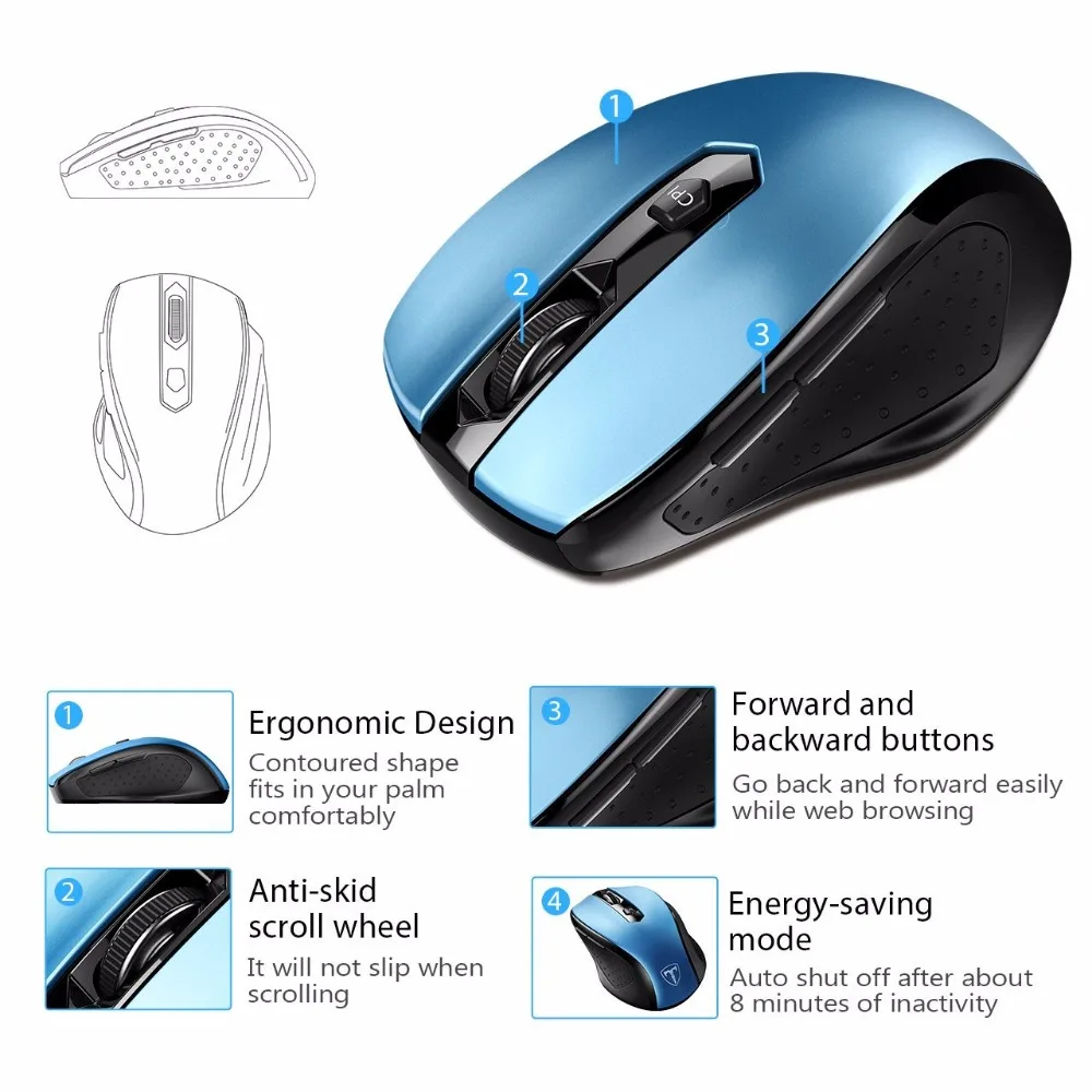 VicTsing Wireless Mouse Portable Mobile Optical Mice 2.4G with USB Receiver 5 Adjustable DPI Level 6 Buttons for Laptop PC New