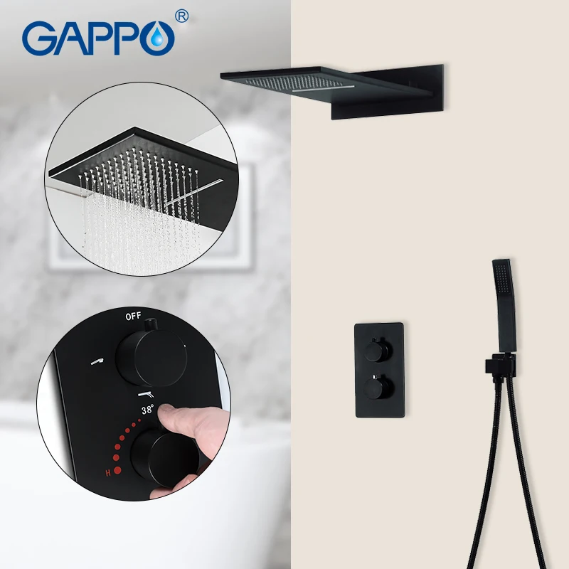 

GAPPO Shower faucets black Thermostatic faucet waterfall bathroom mixer rainfall bath set shower faucet 3 function shower mixer