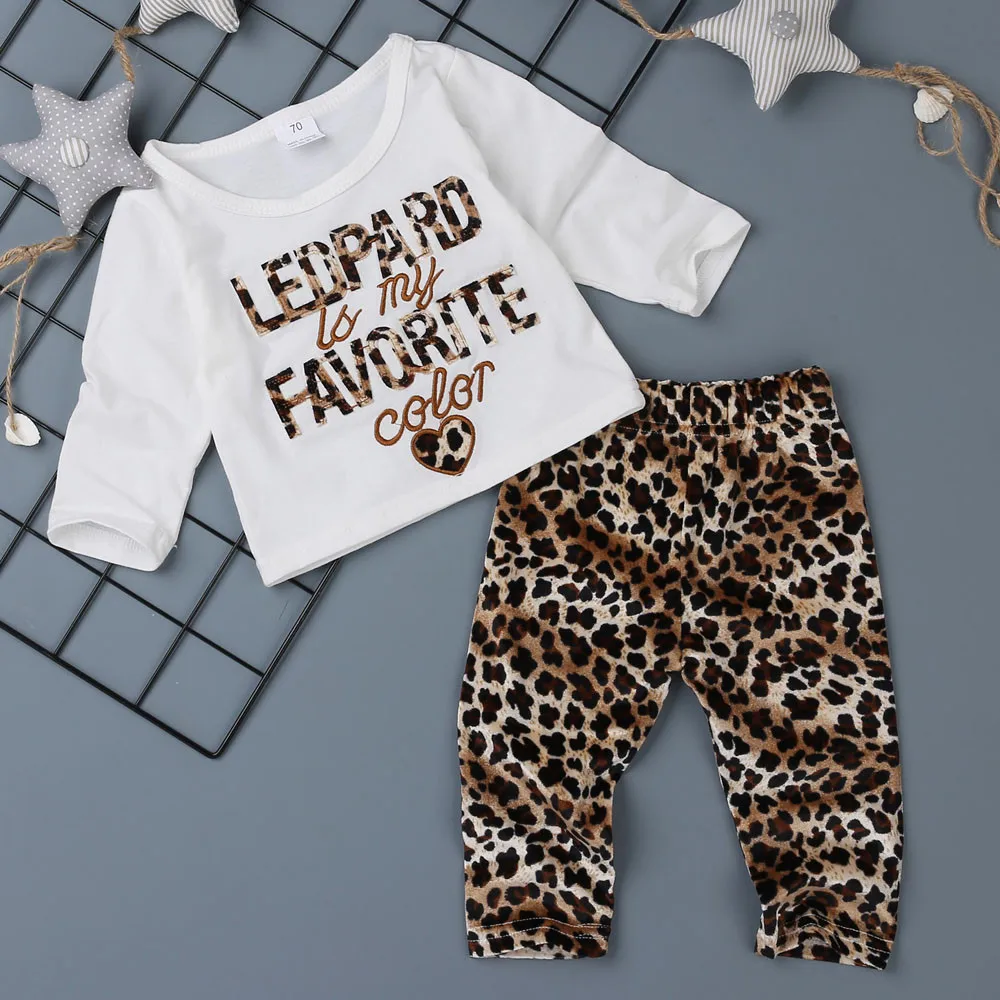 

Newborn Kids Baby Girls Outfits Clothes Letter Leopard Printing White T-shirt Tops+Pants Set Long Sleeve Cotton Clothing Sets