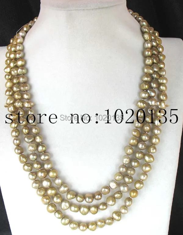 

wow! 3rows freshwater pearl champagne baroque 8-9mm necklace 19-21" nature long FPPJ