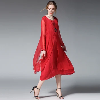 

4XL women autumn beach dress plus size2017 european woman silk chiffon plus size black long sleeve brief vintage beach dress