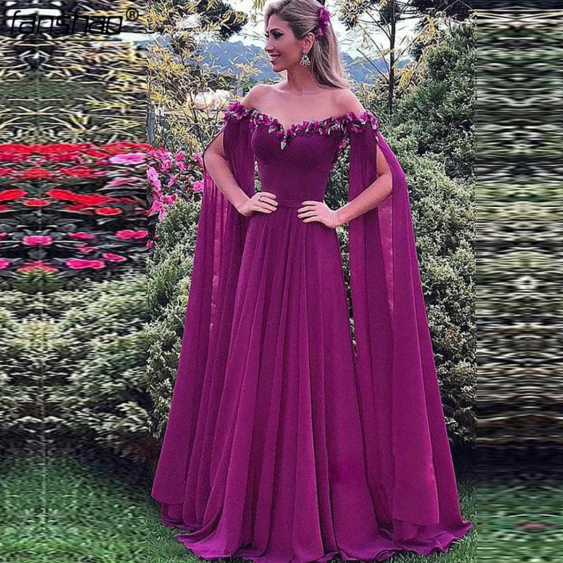 

Purple Evening Dresses Off the Shoulder Flowers Chiffon Long Sleeves Beads Islamic Dubai Saudi Arabic Long Evening Gown Prom