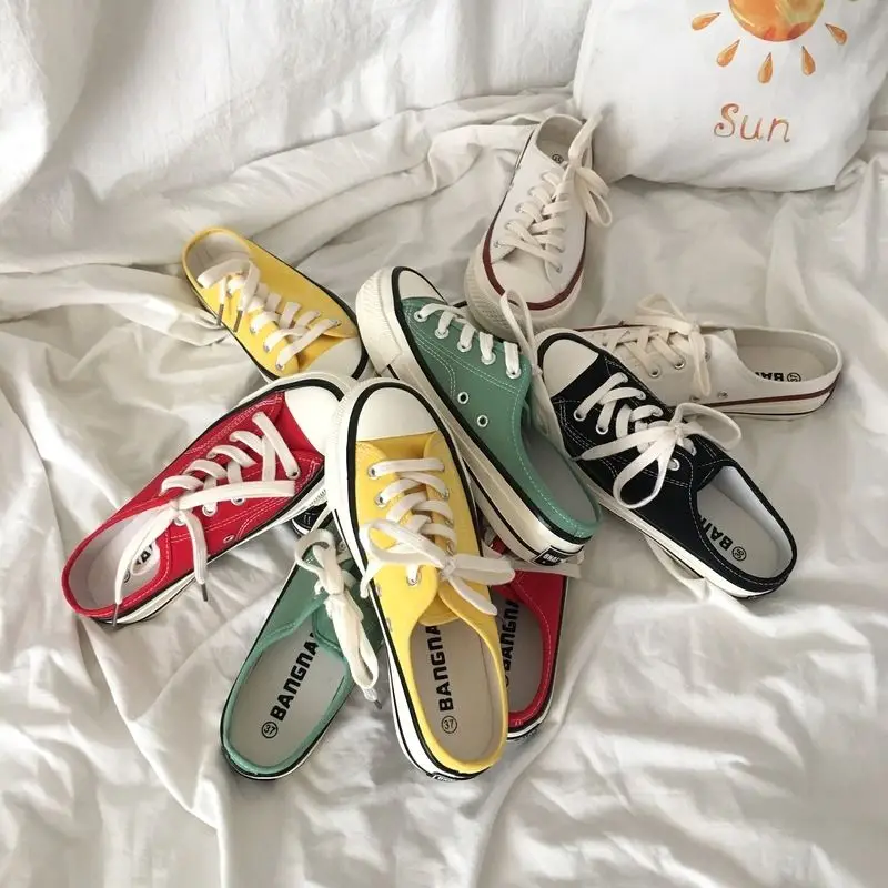 

Half Step On Lazy Shoes Female Summer Without Heel Half Drag White Shoes 2018 New Student Canvas Shoes