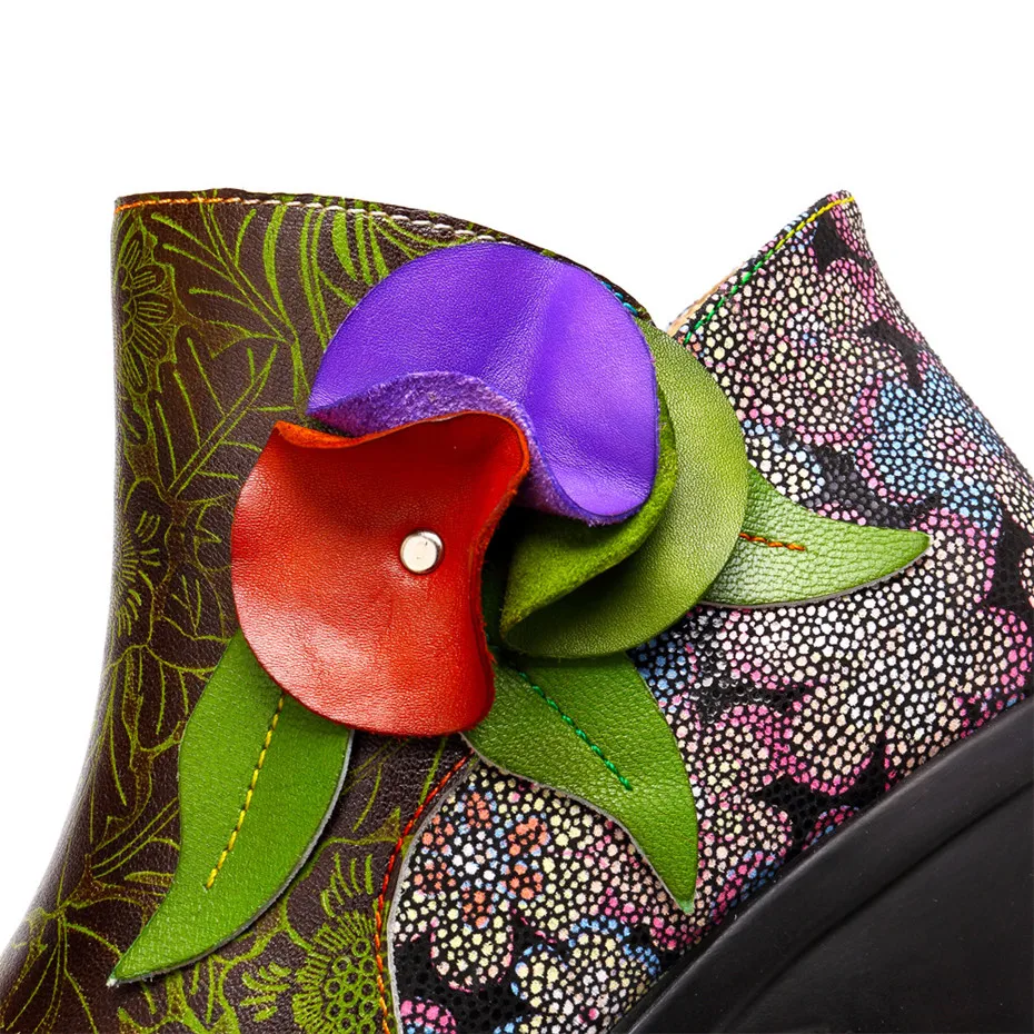 Mixed Color Print Genuine Leather Boots Women Shoes Handmade Flower Zipper Ankle Boots Spring Autumn Vintage Floral Female Botas (5)
