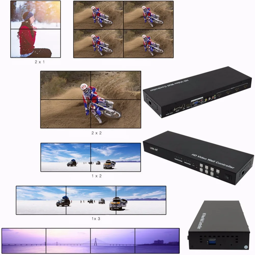 Excellent LM-VW02 2x2 Video Wall Controller 3x3 4x4 Max 10x10 support 180 degree rotation, IR, RS232 Control USB,VGA,AV,HDMI compliant DVI 4