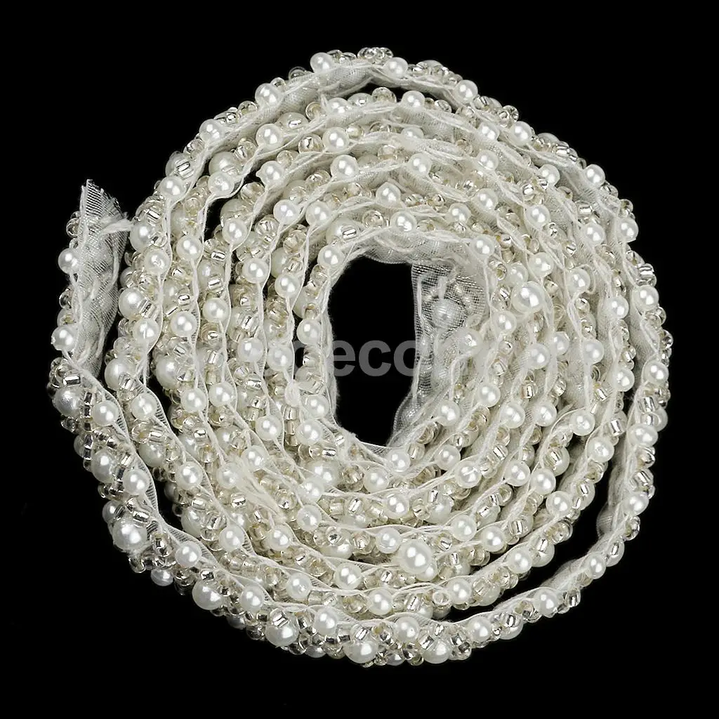

1Yard Handmade Pearl Beaded Mesh Fabric Sewing Trim Chain Dress Decor Craft Applique White