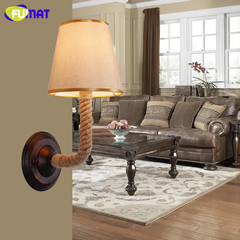 

FUMAT American Country European Simple Wall Lamps Vintage Sconce for Living Room Bedroom Stairs Aisle Fabric Wall Lights Rope