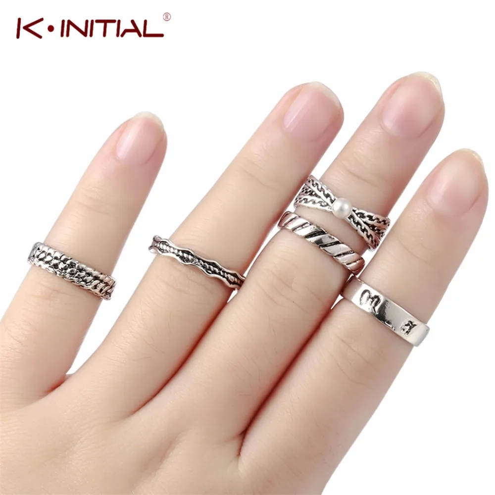 5pcs/set Fashion Vintage Cross Wave Rings Set Antique Silver Boho
