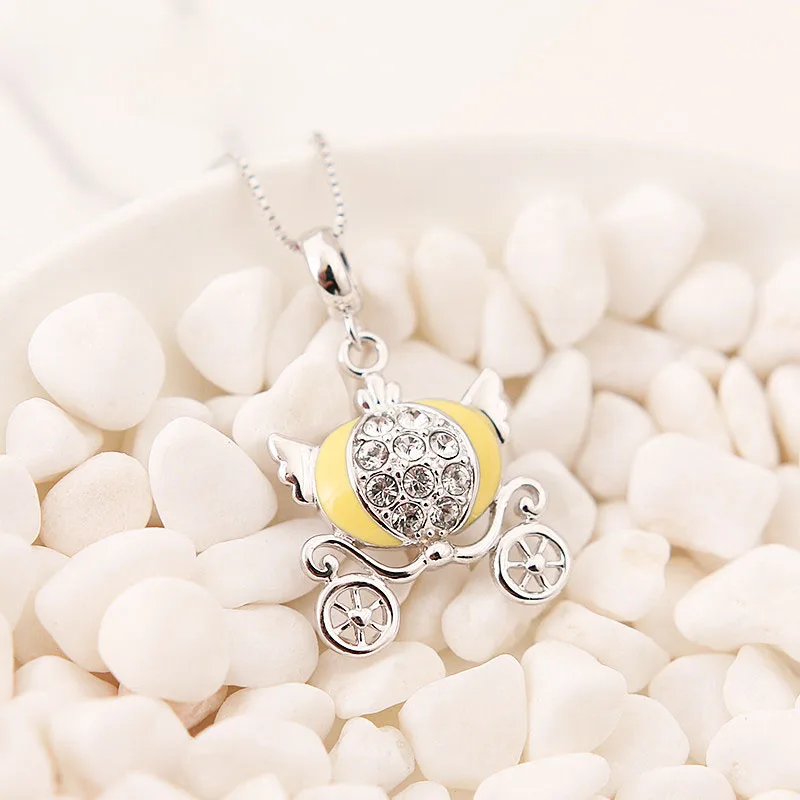 Yellow Enamel Cinderella's Pumpkin Car 925 Silver CZ Pendant