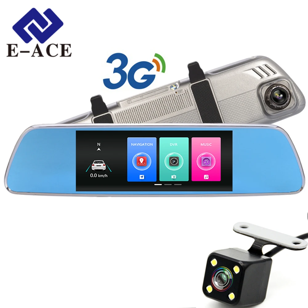 

E-ACE Car Dvrs 7"Touch Rearview Mirror 3G Android 5.0 Cameras GPS Bluetooth Handfree WIFI FHD 1080P16G Dual Lens Video Recorder