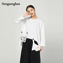 Hongsonghan уличный стиль карман вышивка выдалбливают сплайсированные нерегулярные хлопок осень/зима Основные футболки для женщин прилива