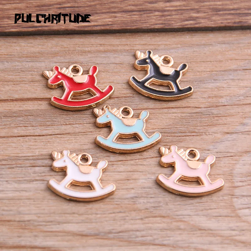 

PULCHRITUDE 10pcs 13*15mm Five Color Alloy Metal Drop Oil Rocking Horse Charms Pendant For DIY Bracelet Necklace Jewelry Making