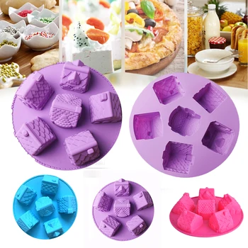 

6 Holes Christmas Gingerbread Chocolate Cake Mold Decorating Tool 3D Baking Bakeware Houses Silicone Cookies Random Color