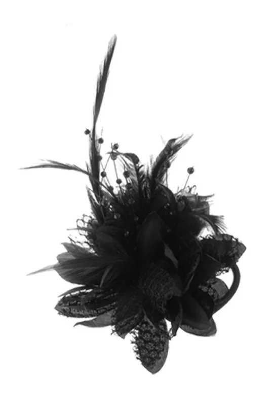 

Flower Design Feather Decor Hair Band Tie Safety Pin Brooch Black