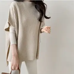 Осень 2019 свободные короткий рукав теплая накидка-пончо с О-образным вырезом в рубчик вязаный свитер большого размера темперамент