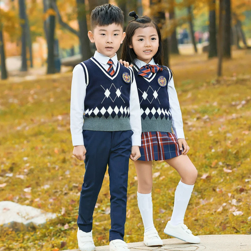 Детский деловой костюм цветок школьной формы для мальчиков и девочек рубашка + свитер + брюки юбка-пачка + галстук-бабочка комплект