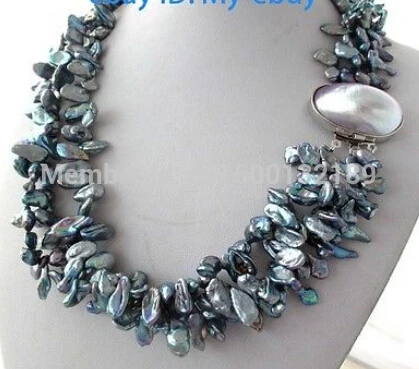 

xd j0032 3Strands Black Blue Rainbow Reborn Keshi Keishi Petal Pearl Necklace Mabe Clasp AAA