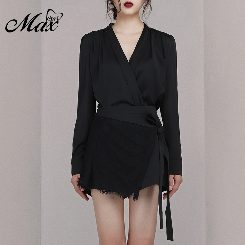 

Max Spri 2019 New Fashion Office Lady 2 Piece Sets Sexy V Neck Long Sleeves Top Lace-Up Lace Shorts Women Fashion Style Suits