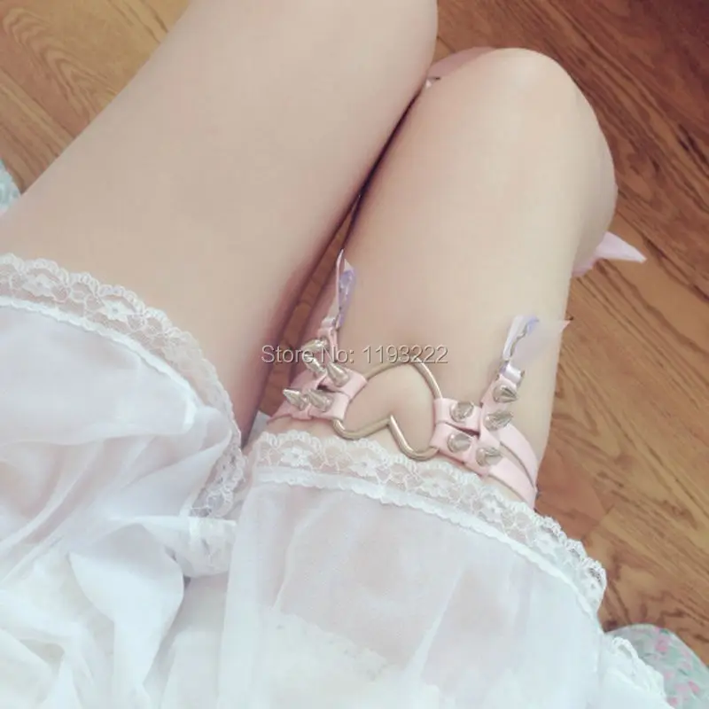 Wholesale Sexy Handmade Punk Rock Harajuku Leg Garter, Big Spiked Heart Adjustable Leather Garters, Double Studded Thigh Straps
