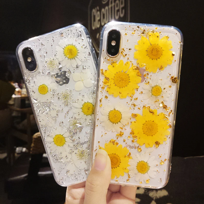 

For iPhone X 8 8Plus Luxury Natural Real Dried Flower Case Transparent Soft Silicon Shockproof Back Cover For iPhone 6 6S 7 Plus
