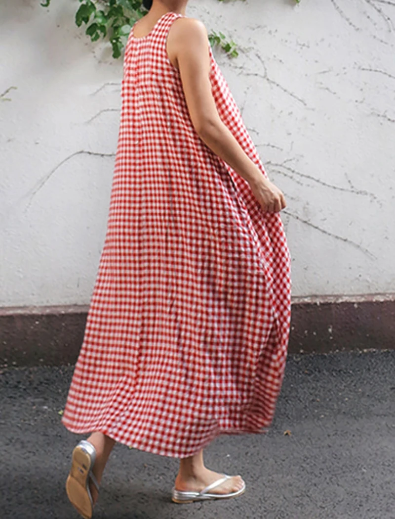 Summer Women Long Dress Sleeveless Plaid Lady Sundress Loose Plus Size Dresses Korean Style Casual Simple Beach Robe Dresses Summer Women Long Dress Sleeveless Plaid Lady Sundress Loose Plus Size Dresses Korean Style Casual Simple Beach Robe Dresses