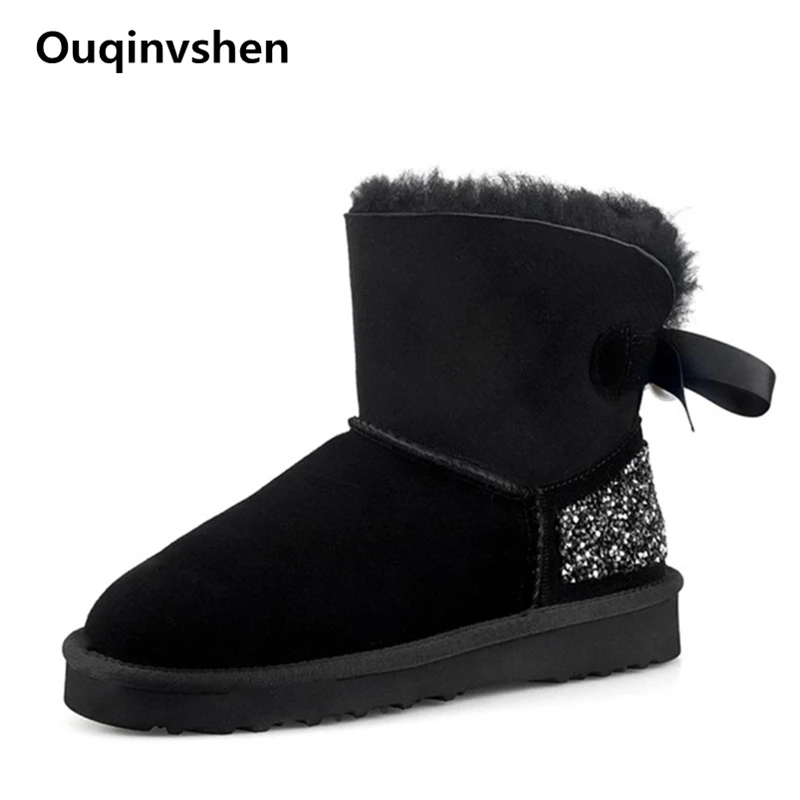 

Ouqinvshen Butterfly-knot Bling Fashion Women Snow Boots Rubber Concise Plush Fur Boots Booties Black Casual Warm Ankle Boots