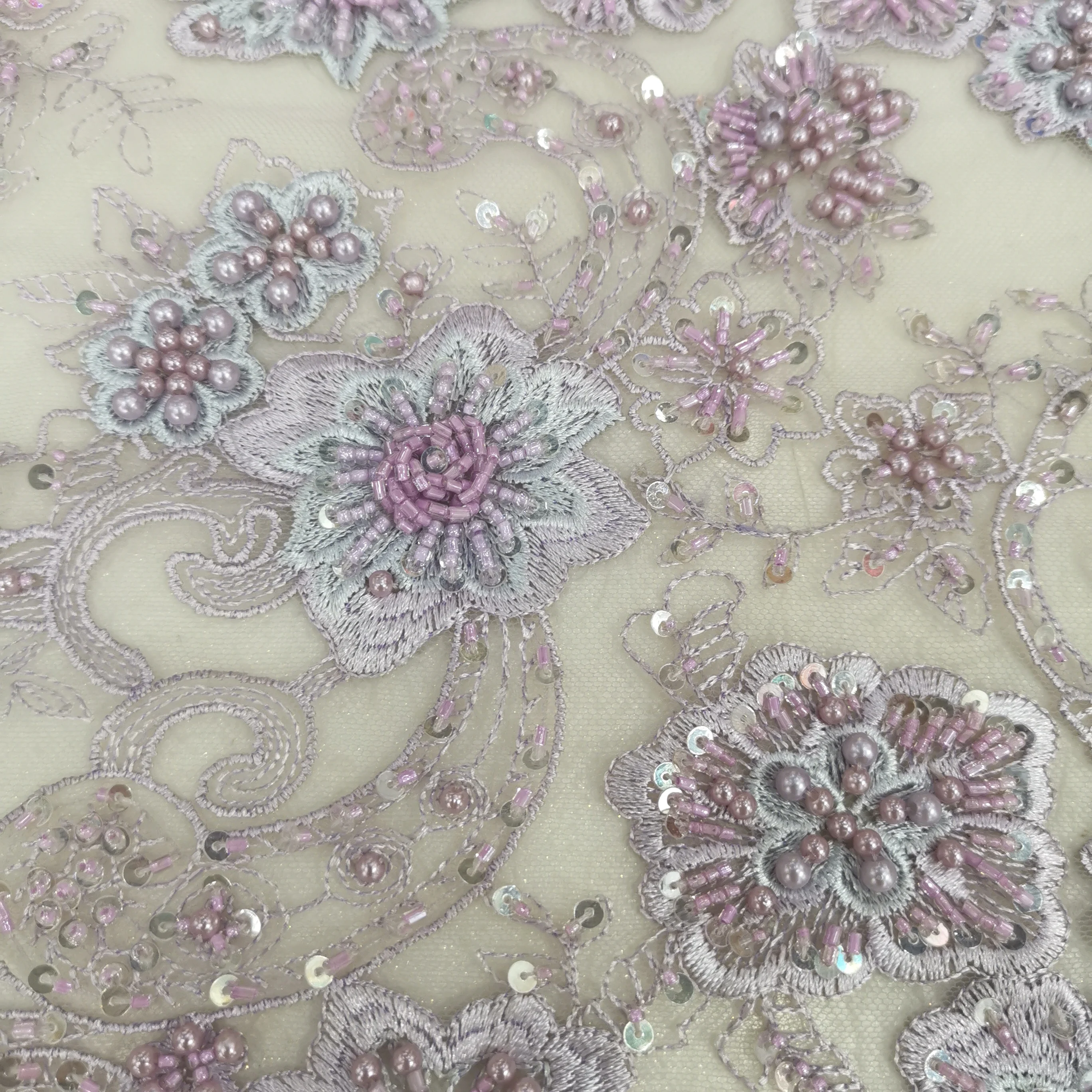 

African Lace Fabric 2019 High Quality Lace, Embroidery Lace light purple, Handmade Beads Lace Fabric