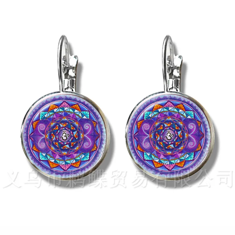 1pc OM Yoga Jewelry Earrings OM Symbol Buddhism Zen Unique Mandala Flower 16mm Glass Dome Henna Silver Plated Stud Earrings