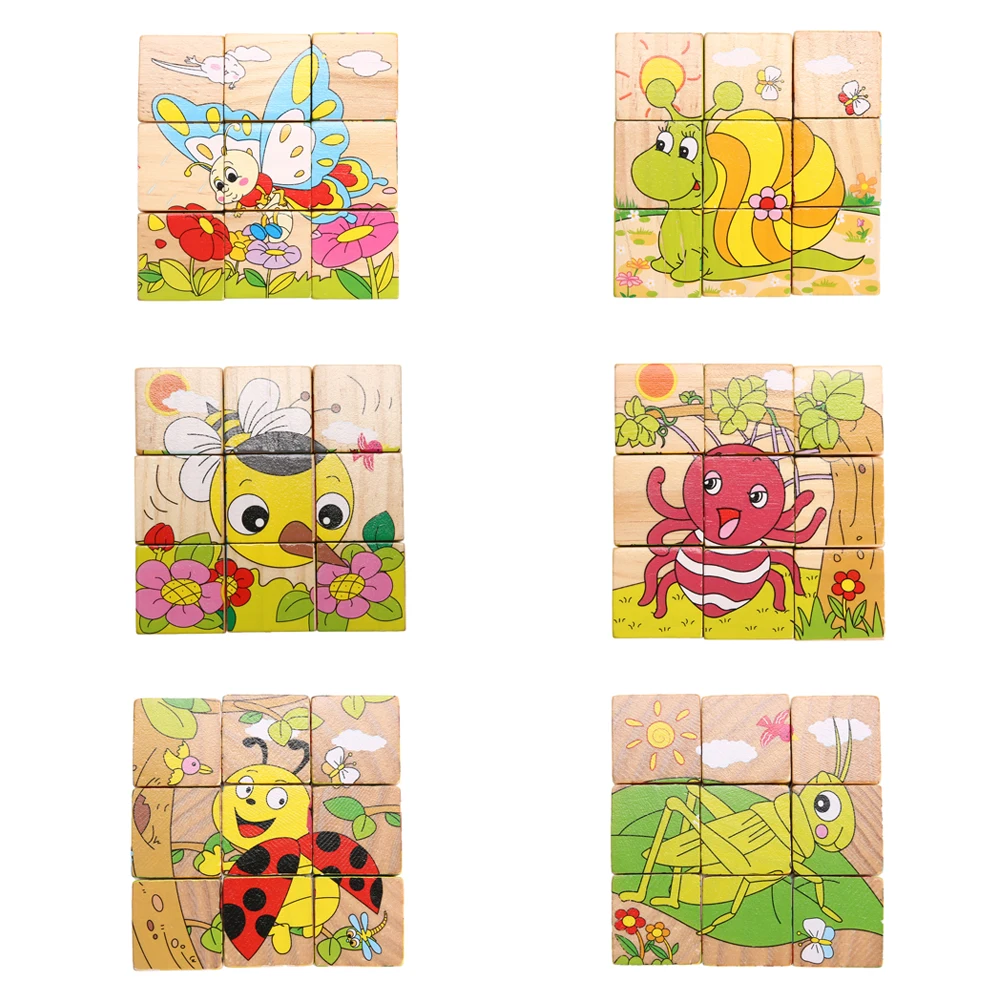 

World Pattern Wooden Puzzle Board Game 9PCS/Set Wooden Puzzle Brinquedo Six Sides Puzzle Cartoon Animals Insect Brinquedo