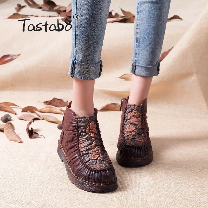 Tastabo Warm Velvet Genuine Leather Ankle Shoes Women Vintage Mom Shoes Martin Boots