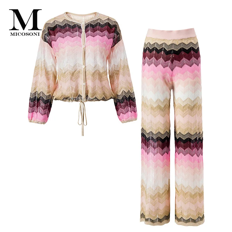 

Micosoni Top High Quality Italianate Colorful Stripe Woven Knitted Lantern Sleeve Sweater + Trousers Suit Women's Two Piece Sets